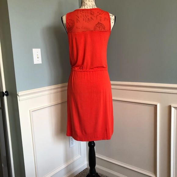Coral Red Sleeveless dress w tie waist/mesh upper - Picture 2 of 2